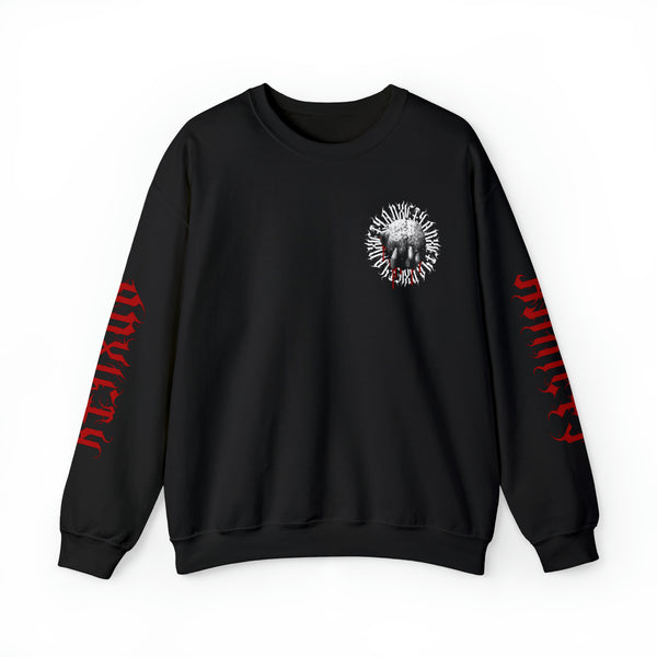 Anxiety Sweatshirt with Red lettering on sleeves saying anxiety displaying the front