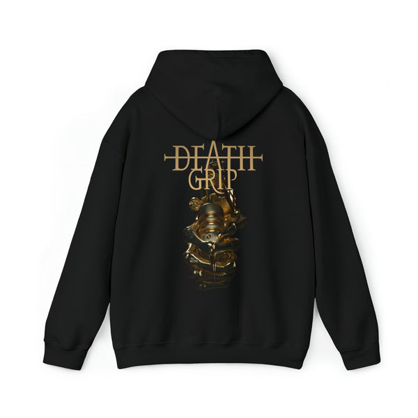 DeathGrip Black Hoodie Logo in Gold displaying back with the hoodie down