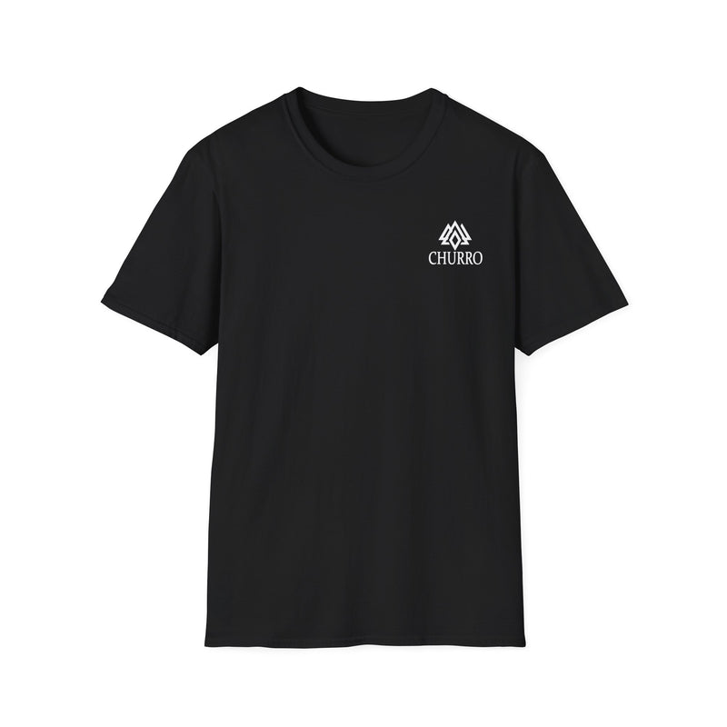 Churro Tattooed Theory Logo T-Shirt — Churro Chest Emblem, Back 'Tattooed Theory at Lake Norman' Graphic