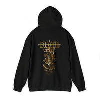 DeathGrip Black Hoodie Logo in Gold displaying back with the hoodie up