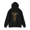 DeathGrip Black Hoodie Logo in Gold displaying back with the hoodie up
