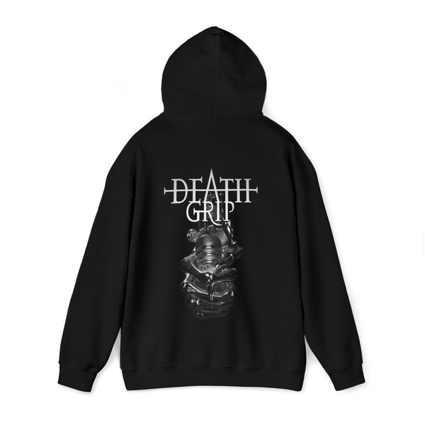 DeathGrip Black Hoodie Logo in white displaying logo in back with the hoodie up 