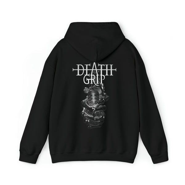 DeathGrip Black Hoodie Logo in white displaying logo in back with the hoodie down