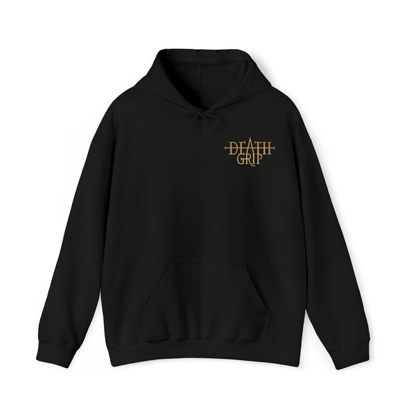 DeathGrip Black Hoodie Logo in Gold displaying the front
