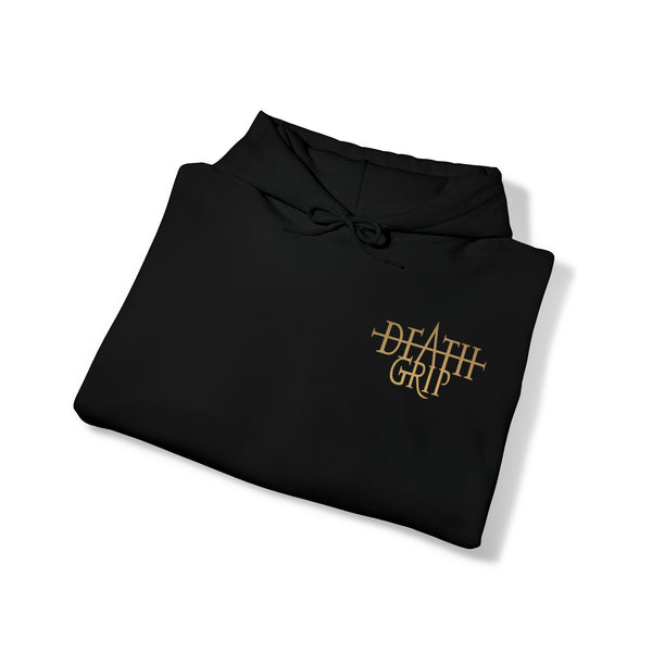 DeathGrip Hoodie with DeathGrip logo displayed in front of folded up hoodie