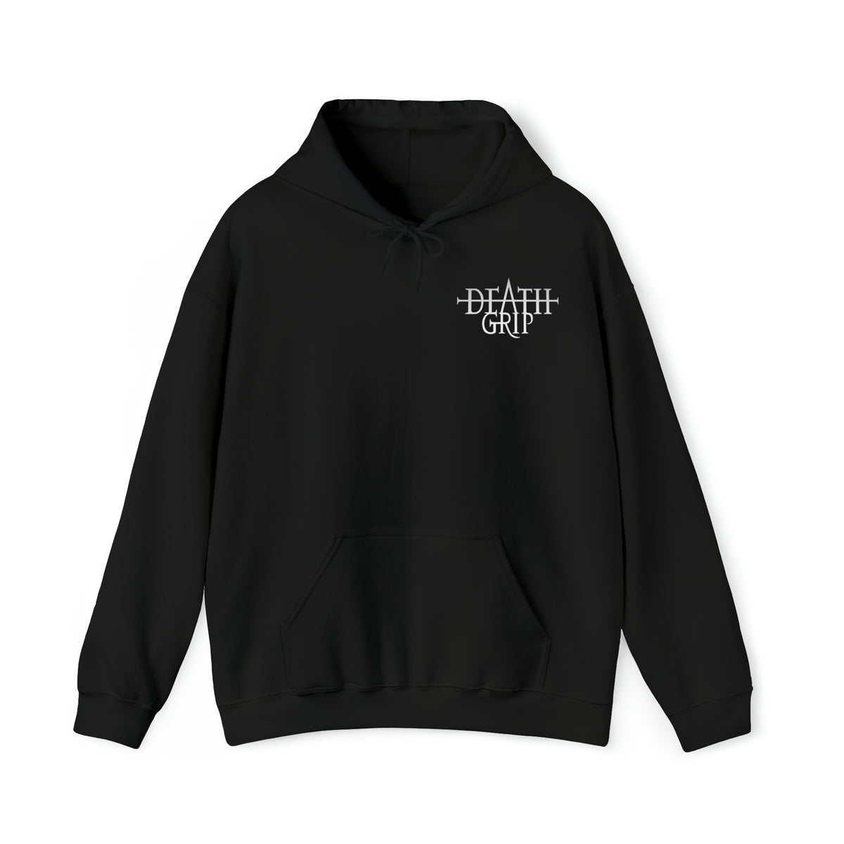DeathGrip Black Hoodie Logo in white displaying logo in front 