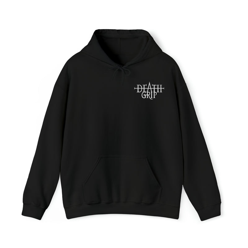 DeathGrip Black Hoodie Logo in white displaying logo in front 